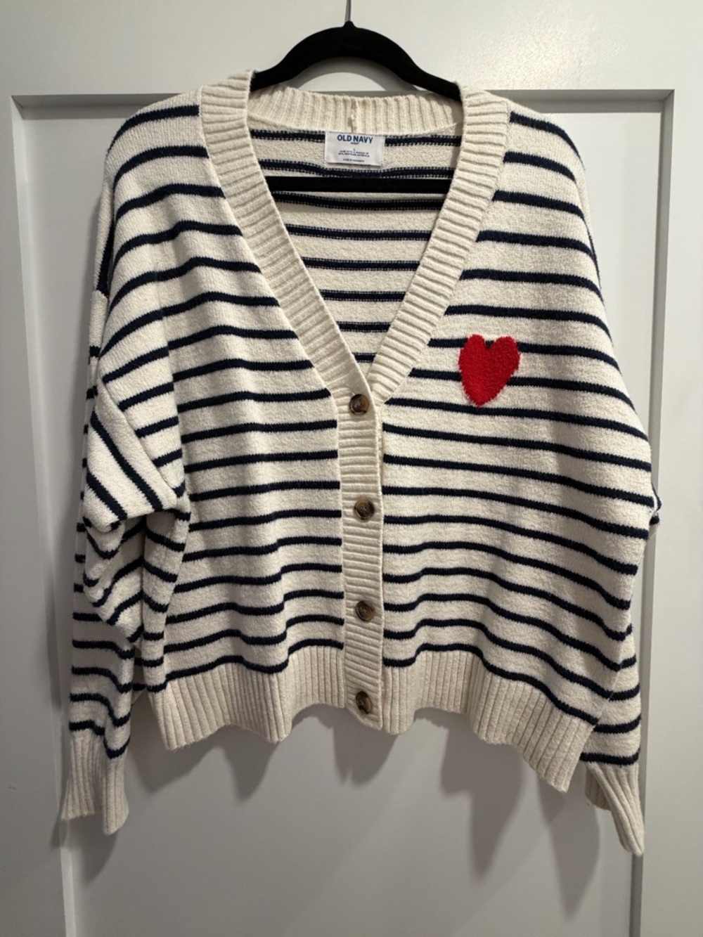 Old Navy Cream & Navy Striped Cardigan with Red Heart Patch